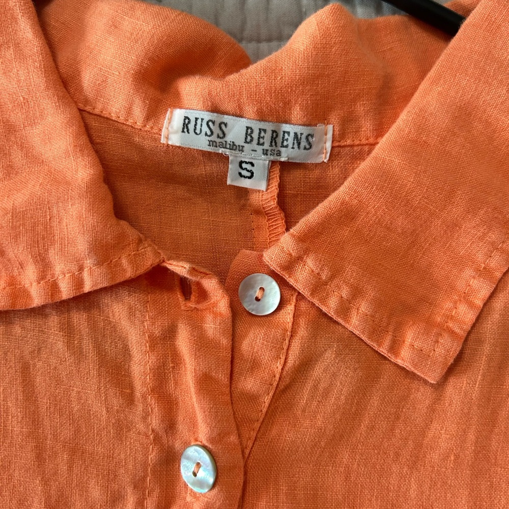 Russ Berens Orange Button-Up Knee Length Linen Dress